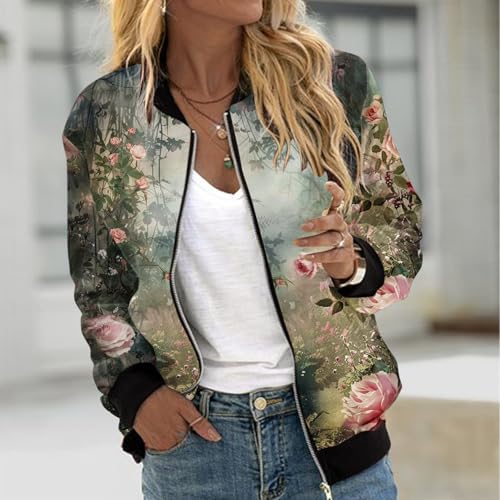 Zip Up Fall Jacket Women Stars Pattern Full Zip Up Bomber Jacket Lightweight Casual Windbreaker Fall Outwear Trendy2
