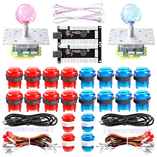 GUWARRY 2-Player LED DIY Arcade Kit - 2X LED Joystick (2/4/8 Way), 20x LED Arcade Buttons, 2X LED USB Encoder for Classic Arcade Games, PC Games, MAME, PC Game Console DIY Color: Red - Blue