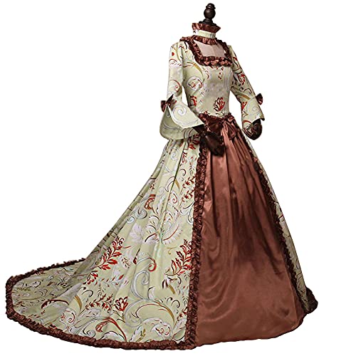 Damen Renaissance Marie Antoinette Ballkleid Viktorianisches Mittelalter Blumendruck Halloween Party Kostüm, 25, braun, 38