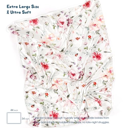 Image of GRSSDER Baby Blankets Super Soft Jersey Knit Swaddle Blanket for Baby Girls and Boys, Double Layer Receiving Blankets 34 x 44 Inches Extra Large for Baby, Flowers and Insects