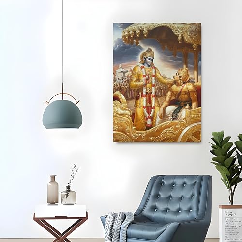 Image of Krishna Poster | Shri Krishna Ran Bhumi Poster | Shree Krishna with Arjun Mahabharat Geeta Gyan | Divine Artwork for Home, Temple, & Meditation Spaces | 350GSM Paper (A4 (29.7L x 21W), Shree Krishna)