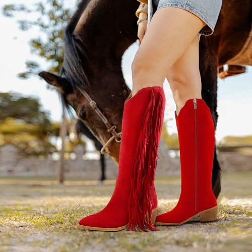 Image of KiutSymo Cowgirl Fringe Boots For Women White Tassels Cowboy Boots Knee High Pointed Toe Western Boots