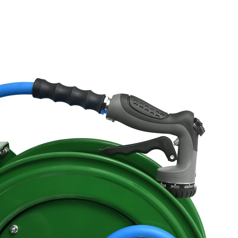 Image of Zephyr Auto-Retractable Garden Hose Reel | Heavy-Duty | Made in India | w / in x 50ft Zephyr Hose and HD Spray Gun - Green