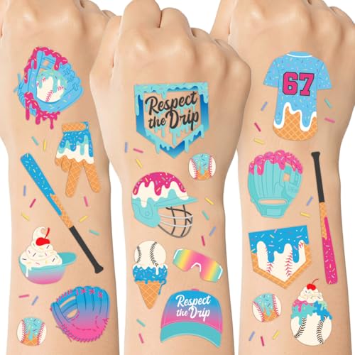 xo Fetti Baseball Drip Tattoos - 60 Temporary Tattoos | Baseball Party Kids Party Sports Theme Ice Cream Party Drip Art Blue Pink Party Favors