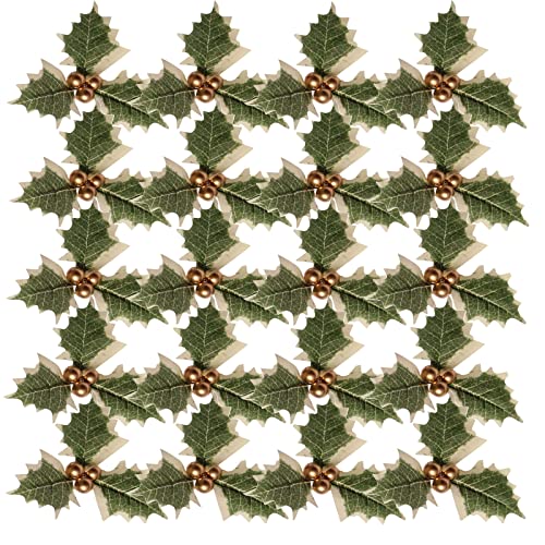 30 Pcs Artificial Holly Leaves with Berries Holly Leaves and Berries for Craft Christmas Decorations Flowers Holly Cake Decorations Wrapping Accessories Gift Wrap Accessories Gift Present Toppers