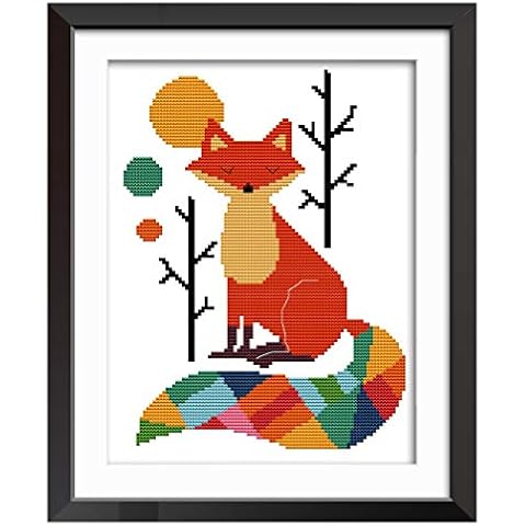 DIY Stickgarnituren Kreuzstich-Set,11CT Bunter Fuchs Gestempelt Cross Stitch Kit,Handarbeit Stickerei Craft für Erwachsene Sticken (28x38cm) Cover