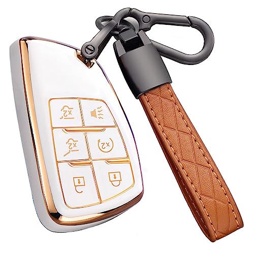 Cacacar Key Fob Cover for Chevy GMC with Keychain Tahoe Suburban Equinox Traverse Yukon Denali Terrain Buick Envision Premium Soft TPU Case (6 Buttons Ivory)