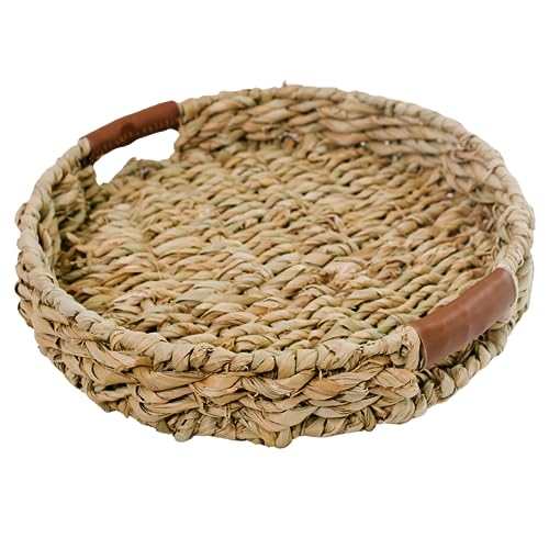 Summit Living Handwoven Round Rattan Tray with Leather Handles, 14” x 14' | Circular Wicker Tray Made from Water Hyacinth | Home Decor Basket + Boho Kitchen Table Decor Centerpiece Tray, Beige