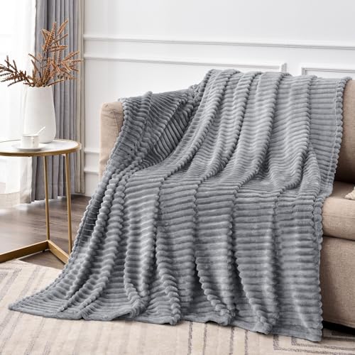Image of BEDELITE Fleece Throw Blanket for Couch - 3D Ribbed Jacquard Soft and Warm Decorative Fuzzy Blanket - Cozy, Fluffy, Plush Lightweight Gray Throw Blankets for Bed, Sofa, 50x70 inches