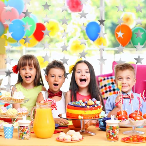 Image of Silver Star Garland Banner, 5 PCS 66 Feet Double Side Star Hanging Bunting Banner Backdrop for Birthday Wedding Christmas Graduation Party Decorations