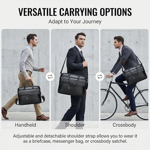 Image of Men's Leather Laptop Bag 15 IN, Water-Resistant Briefcase Messenger Bag for Work, Business, Shoulder Crossbody Office Satchel