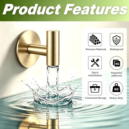 Image of Gold Stainless Steel Wall Hooks, Heavy Duty Self-Adhesive Hooks for Coats, Towels, Robes, Hats, Aprons - No Drill Bathroom, Kitchen, Hotel (2 Pack)