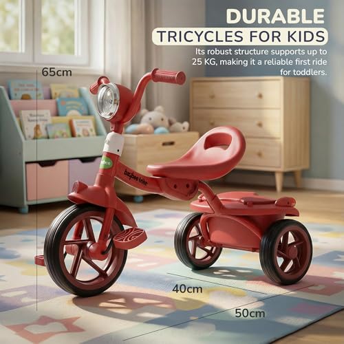Image of Flyer Foldable Baby Tricycle for Kids | Kid Cycle with LED Light, Music & Storage Baskets | Baby Tricycle with Adjustable Seat & Handle | Cycle for Kids 2 to 5 Years (Red)