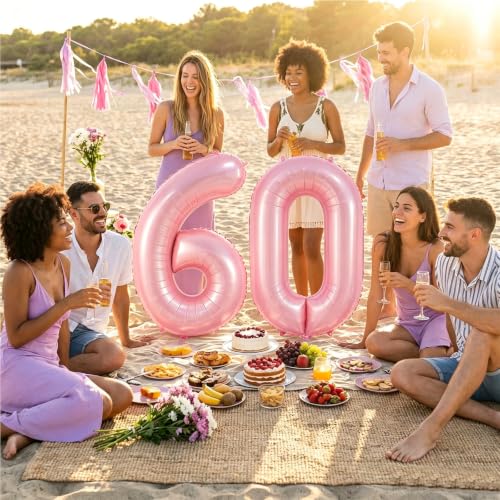 Image of Number Balloons Pink Party Balloon - Giant Number 60 Balloon, 40 Inch Large Balloon, Birthday Decorations for Women, Birthday Balloon for Anniversary Baby Shower Princess Party Decorations