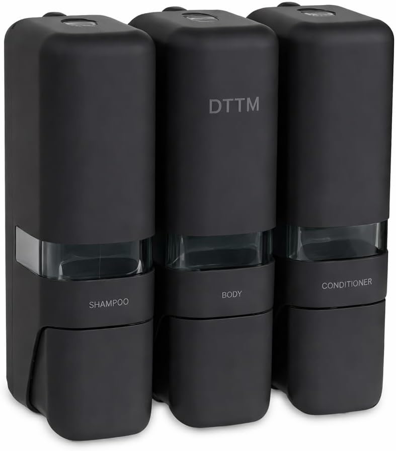 Wall Mounted Shampoo and Conditioner Dispenser, 3-Chamber Refillable Shower Soap Dispenser, No-Drill Stick-On Installation, Lockable Matte Black for Bathroom & Hotel, 250ml x 3