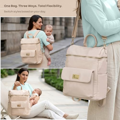 Image of R for Rabbit Caramello Bold Ivy Diaper Bag for Moms, Premium Vegan Leather with Insulated Bottle Pockets, 7 Compartments, Maternity Travel Backpack, 24 Litre Capacity (Ivory Beige)