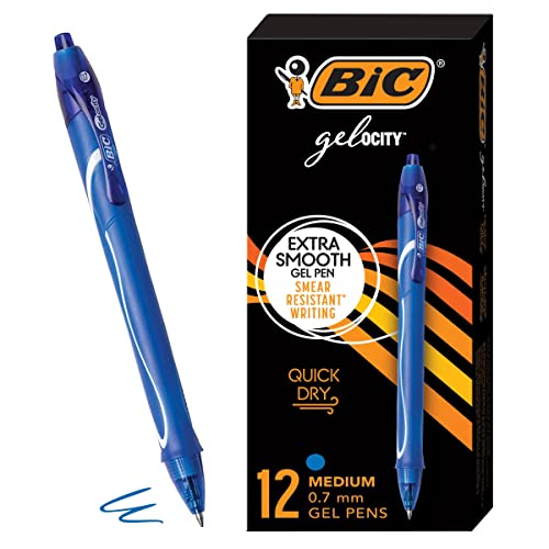 BIC Gelocity Quick Dry Blue Gel Pens, Medium Point (0.7mm), 12-Count Pack, Retractable Gel Pens With Comfortable Full Grip