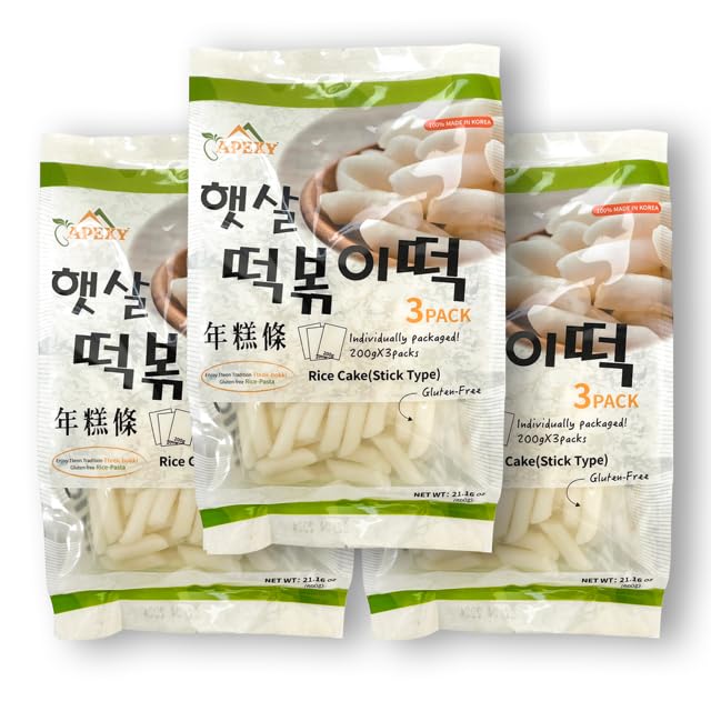 Apexy Korean Rice Cake Tteokbokkik Rice Cake, Chewy Tteok, Authentic Korean Street Food Snack, Perfect with Cheese and Ramen Noodles, No MSG, and Gluten Free, Non-GMO 21.16 oz Pack of 3