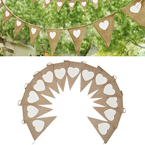 Vintage Fabric Hessian Bunting Rustic Burlap Banner Wedding Party Birthday Decor White Love Heart (Triangular Flag)