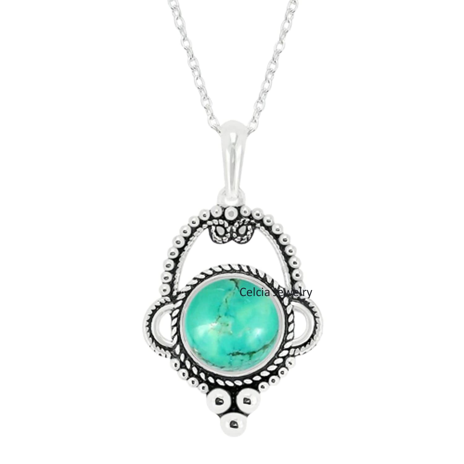Collana in argento sterling massiccio 925 per donna, pietra preziosa blu turchese rotonda genuina, regalo unico fatto a mano con pietra natale di dicembre per lei