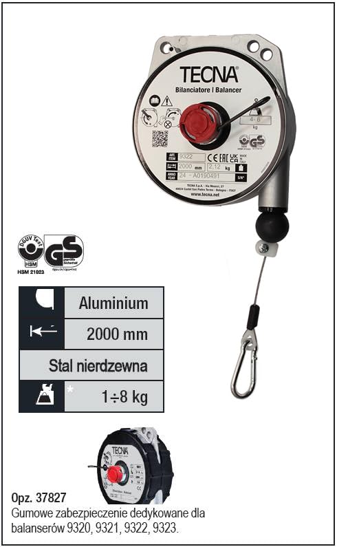 TECNA 9322 Federzug-Balancer mit Seil Tragkraft 4-6 kg Seillänge 2000 mm Werkzeugaufhängung Aluminium Höhenverstellung