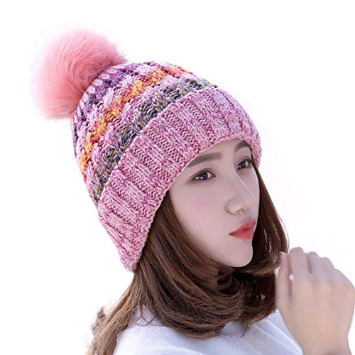 Baffect Chapeau Chaud en Laine tricoté au Crochet avec Doublure Polaire Confortable, Bobble Hat Chapeau tricoté en Laine avec Bonnet tricoté Bonnet en Laine avec Pompon en Fausse Fourrure (Rose)