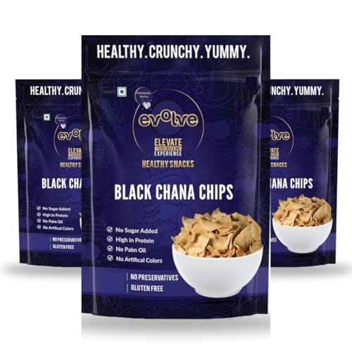 Image of Evolve Black Chana Chips Healthy Snacks for Kids, Adults | High Protein, Gluten Free, Vacuum Fried Snack, No Additives, Masala Flavor - 100g Pack of 3
