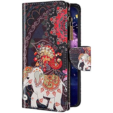 Uposao Kompatibel mit Huawei P Smart 2020 Hülle Flip Schutzhülle Leder Handyhülle Geldbörse mit Reißverschluss 3D Bunt Muster Klapphülle Ledertasche Magnet Kartenfächer,Elefant Mandala Cover