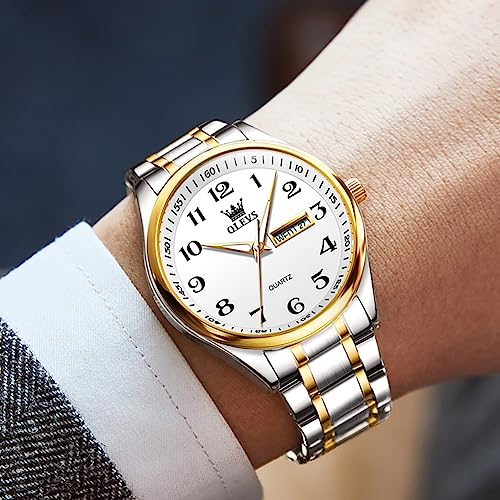 OLEVS Watches for Men Classic Silver Fashion Male Watch Two Tone Stainless Steel Business Dress Casual Wrist Watch Calendar Waterproof Blue White Black Date Dial - Image 4