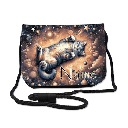Kinder Brustbeutel mit Name + Schriftartwahl | Klettverschluss mit Schnur zum Umhängen und Klarsichtfach | Geldbeutel personalisiert | 3 Farben (Katze)