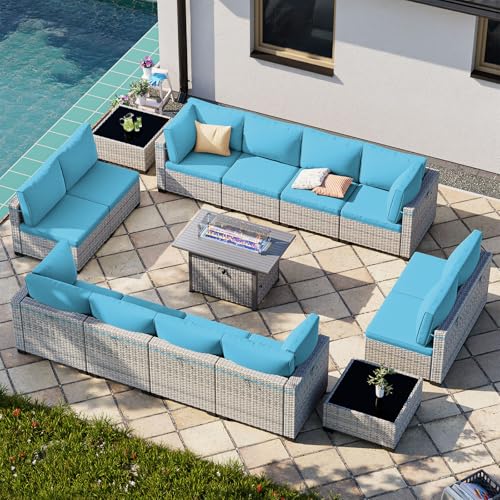 Image of Outdoor PE Wicker Rattan Modular Patio Sectional Sofa Set | 15-Piece: 12 Modular Seats, 2 Coffee Tables & 55,000 BTU Fire Pit Table, Lake Blue