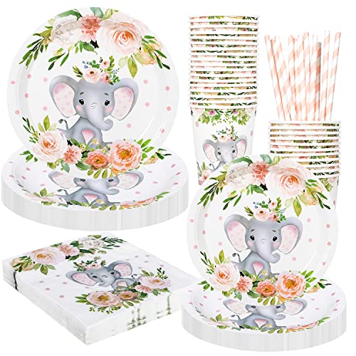 Rorchio Babyparty Deko Mädchen für 24 Gäste, Pappteller Babyshower Mädchen Baby Girl Elefant Pappgeschirr Teller Tassen Servietten Becher für Baby Shower Deko Girl Cover