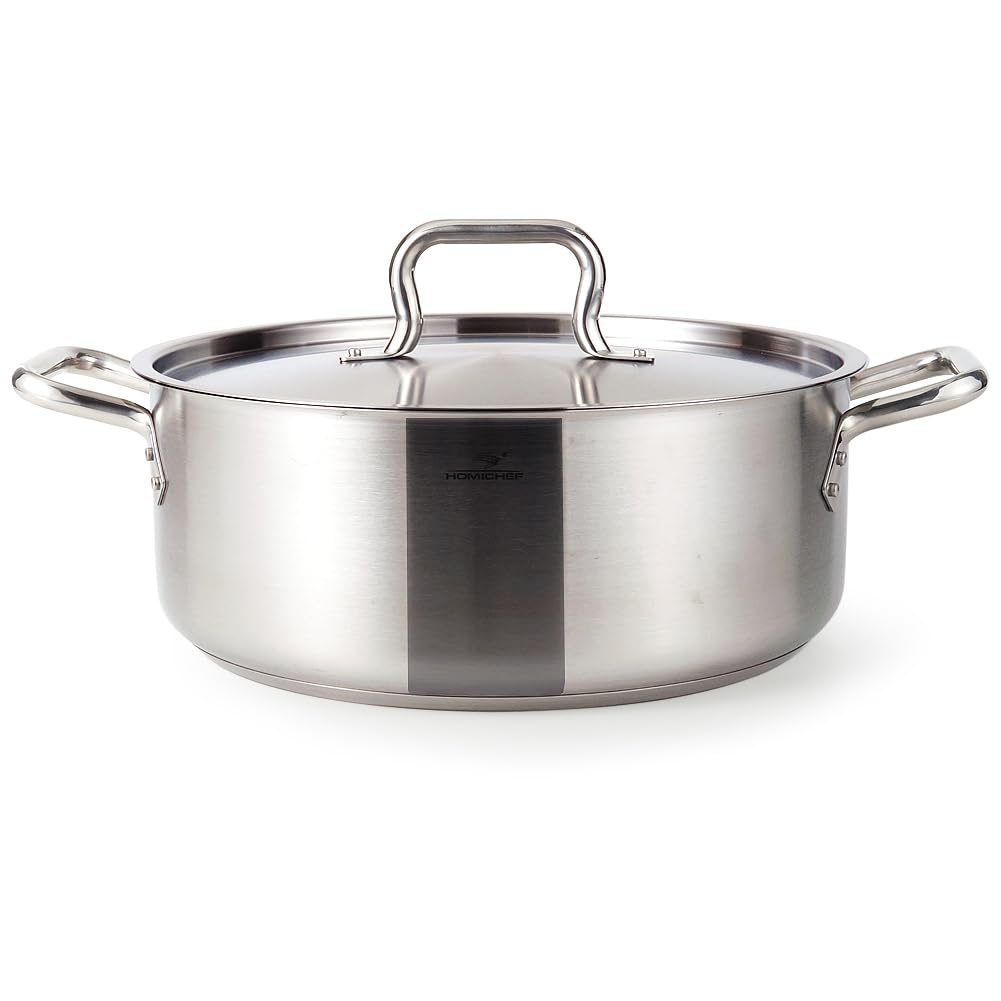 HOMICHEF 14L Large Stainless Steel Braiser Pan with Lid - Commercial Grade Nickel Free Stainless Steel Healthy Braiser Pot - Matte Polished Braising Pan Large