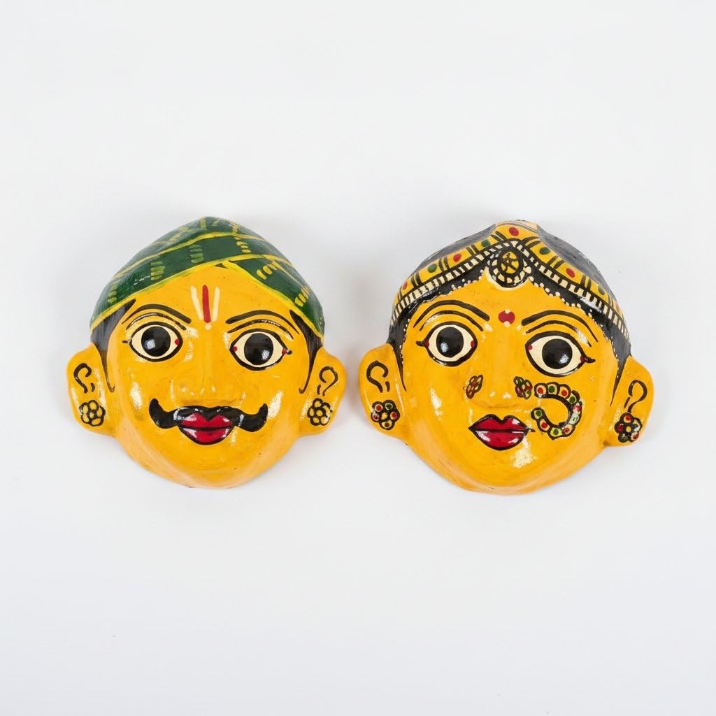 Hastha Kalalu Handcrafted Telangana Cheriyal Painting Face Masks Set of 2 (3 Inches) | Traditional Indian Nakashi Mask for Wall Hanging, Home Living Room Decor (Yellow)-image-26