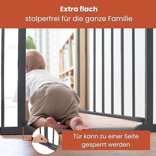 hauck Clear Step Autoclose 2, Dunkelgrau - Kinderschutzgitter Hundegitter Verstellbare Breite 75-80cm, 77cm Hoch, Selbstschließend, Flacher Einstieg, Beidseitige Einhand Öffnung, ohne Bohren