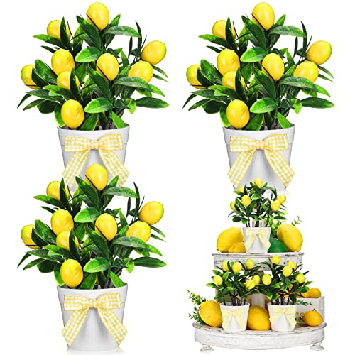 Jexine 3 Set Lemon Decor Lemon Tiered Tray Decor Artificial Lemon Plant Farmhouse Home Decor Mini Fake Plants Mini Vases Tiered Tray Greenery Accessory #TOP3