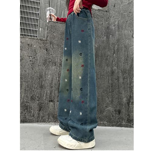 Girls Prints Jeans Cute Letter Graphic Elastic Waist Straight Baggy Wide Leg Denim Pants Teens Casuall Trousers3