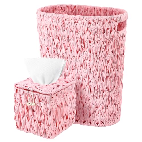 Image of BSSN Wicker Trash Can and Square Tissue Box Cover, 4 Gallon Water Hyacinth Bathroom Trash Can, Handwoven Napkin Holder, Narrow Small Waste Basket, Rustic Decorative Home Set for Bedroom,Office (Pink)