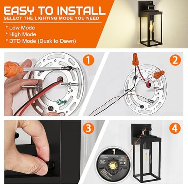 Large Size Outdoor Wall Light, 3 Lighting Modes Motion Sensor Porch Light, Dusk to Dawn Outdoor Lighting, Waterproof and Rustproof Design, Black Sensor Wall Light, 2 Pack for House/Patio/Garage