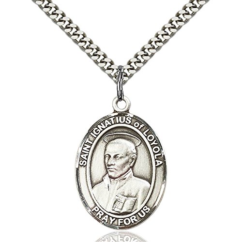 Bonyak Jewelry Saint Medal Collection Sterling Silver St. Ignatius of Loyola Pendant 1 x 3/4 inches with Heavy Curb Chain