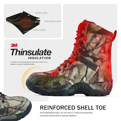 Men's 8" Waterproof Hunting Boots Lightweight Insulated Camo Outdoor Boot, 400g Thinsulate3