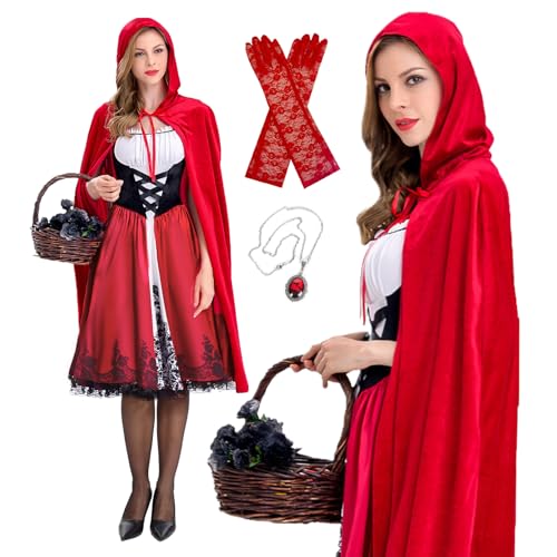 BuzzoXerex Rotkäppchen Kostüm für Damen, Rotkäppchen Kleid und Umhang mit Kapuze Halloween, Prinzessin Kostüm Red Riding Hood Outfits Erwachsene...