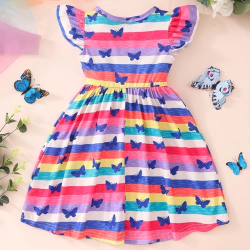Toddler Girls Summer Dresses Cute Flutter Short Sleeve Dinosaur Sunflower Pattern Casual Sundress for Little Girl Size 2-8T2