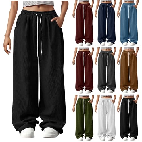 HGps8w Womens Versatile Wide Leg Corduroy Pants 2025 Fall Loose Drawstring Waist Baggy Palazzo Pants with Pockets2