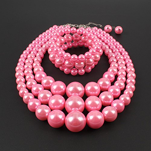 KOSMOS-LI Women's 3 Layer Simulated Pearl Statement 18" Necklace Bracelet and Earrings Jewelry Set3