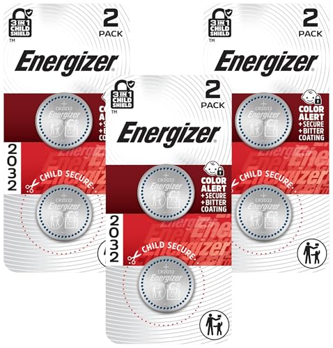 Image of Energizer 2032 Batteries, 3V Lithium Coin Batteries with 3-in-1 Child Shield, 2 Count, (Pack of 3)