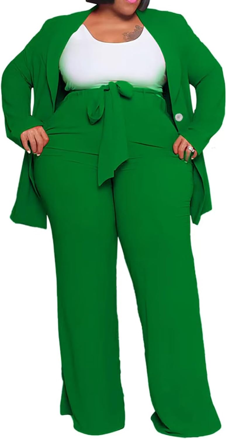 Plus Size Suits for Curvy Women Open Front Long Sleeve Blazer Elastic Waist Solid Straight Leg Pant Set Suits - Image 3