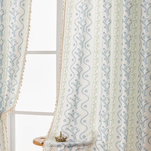 Image of Blue| Sage on White Boho Curtains 45 Inch Long for Living Room, Bedroom, 2 Panels Floral Farmhouse Vintage Tassel Semi Sheer Privacy Window Curtain Drapes with Rod Pocket