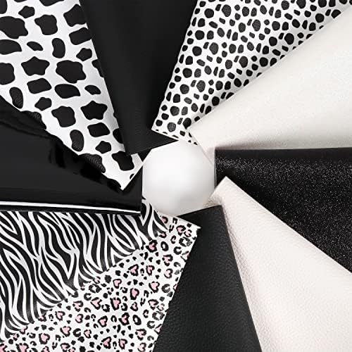 ZAIONE Print Faux Leather Sheets: 10pcs 8x12 Inch Black and White Solid Color Animal Pattern Glitter Leatherette Assorted A4 Bundle for Bows Earrings DIY Crafts