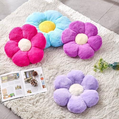 Image of Kcvvcr Blue Flower Pillow, Cute Decorative Shaped Throw Pillow With Faux Rabbit Fur, 19.6 inch Soft Plush Floor Pillows Room Decor for Bedroom Living Room